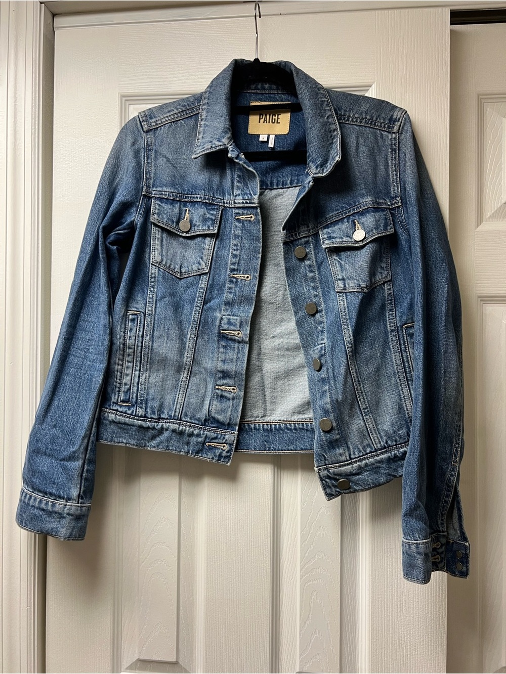 PAIGE Medium Blue Denim Jacket with Faded Wash